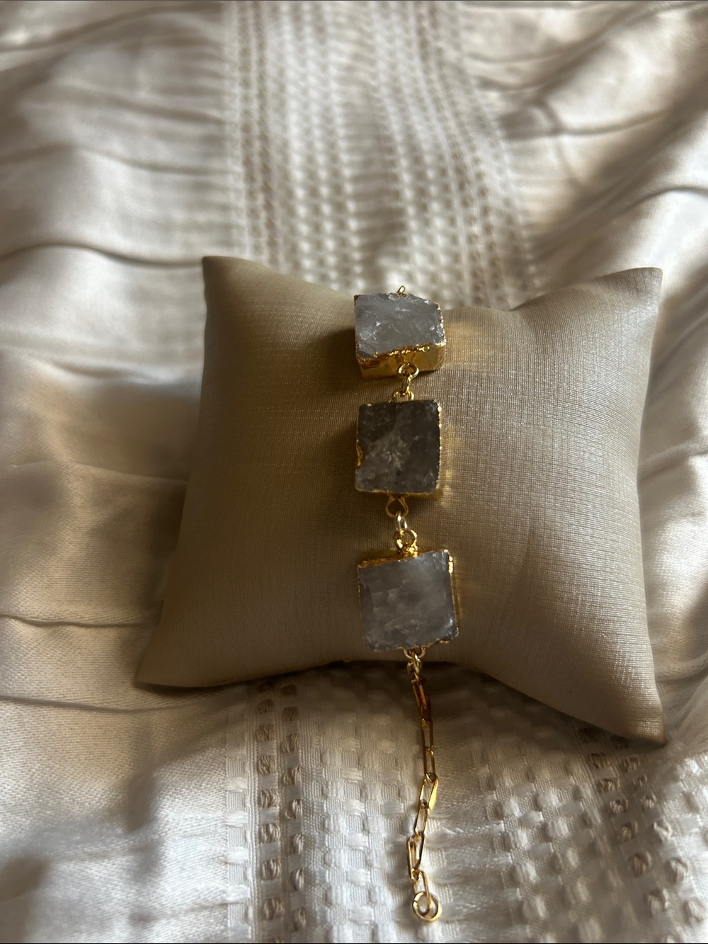 Gold Plated Bracelet with Clear Quartz Stone Squares
